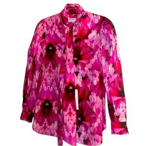 Alexander McQueen Silk Floral Blouse Fuchsia Pink Tie Neck Size 6 NWT